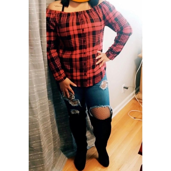 Cold Off Shoulder Button Down Shirt Plaid Top - Picture 2 of 3